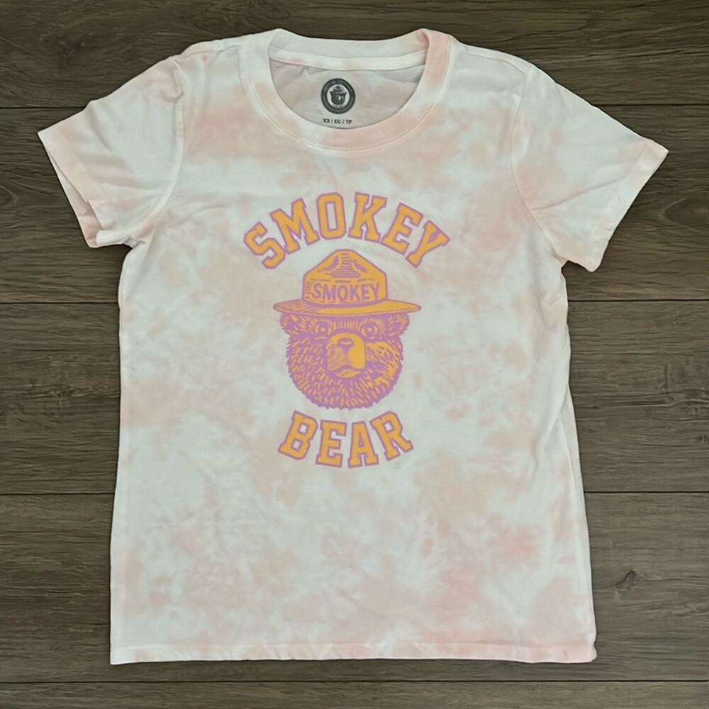 Smokey‎ Bear Women’s White/Pink Tie-Dye Graphic Short Sleeve T-Shirt Size XS